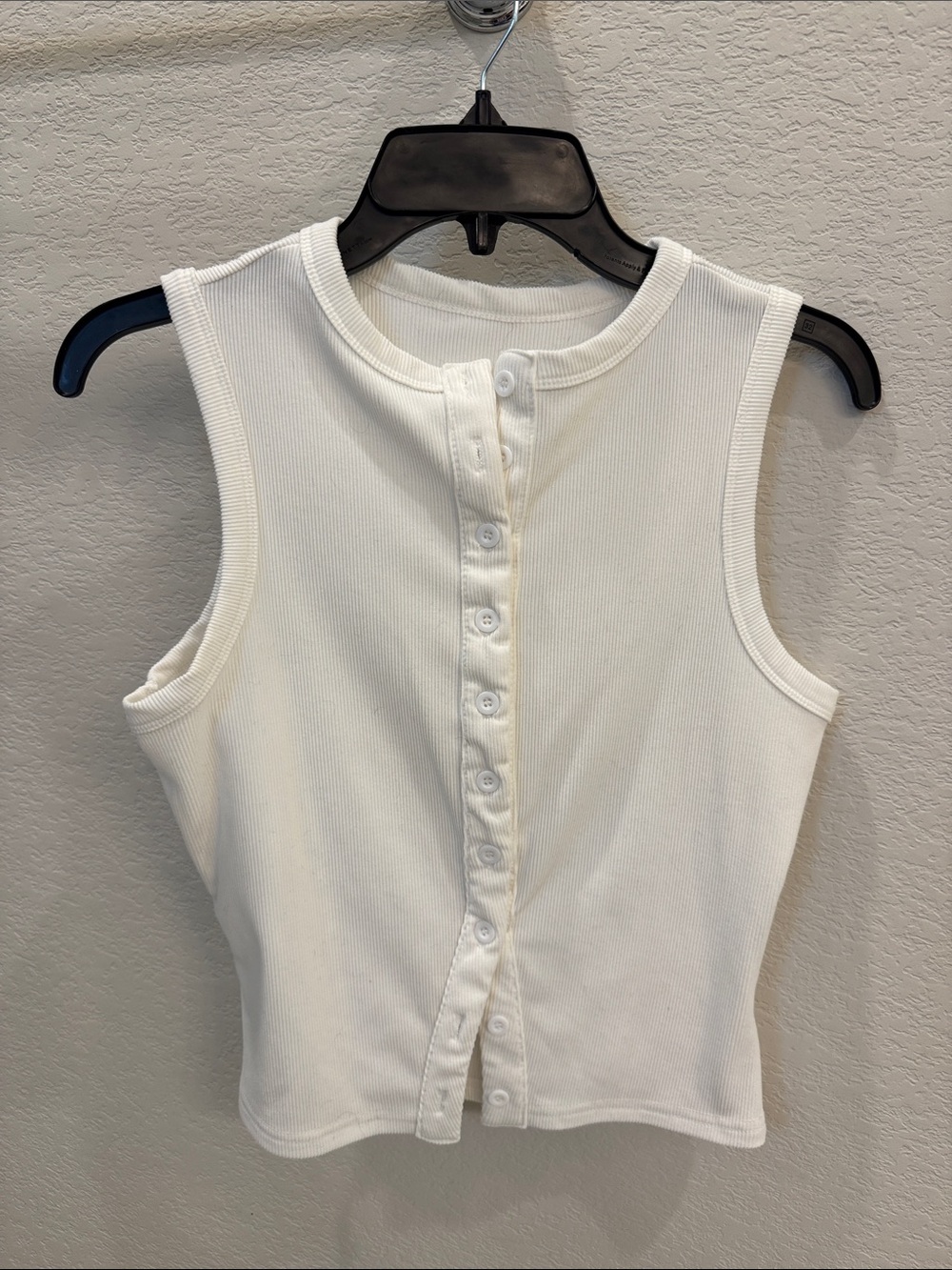 Sleeveless White Ribbed Button-Front Tank Top